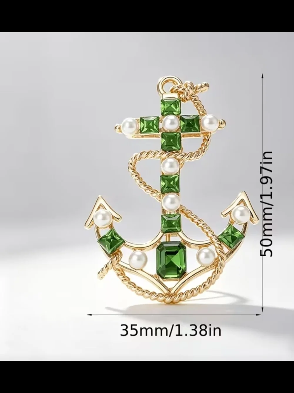 Golden Anchor Pendant Necklace with Green Gemstones and Faux Pearls